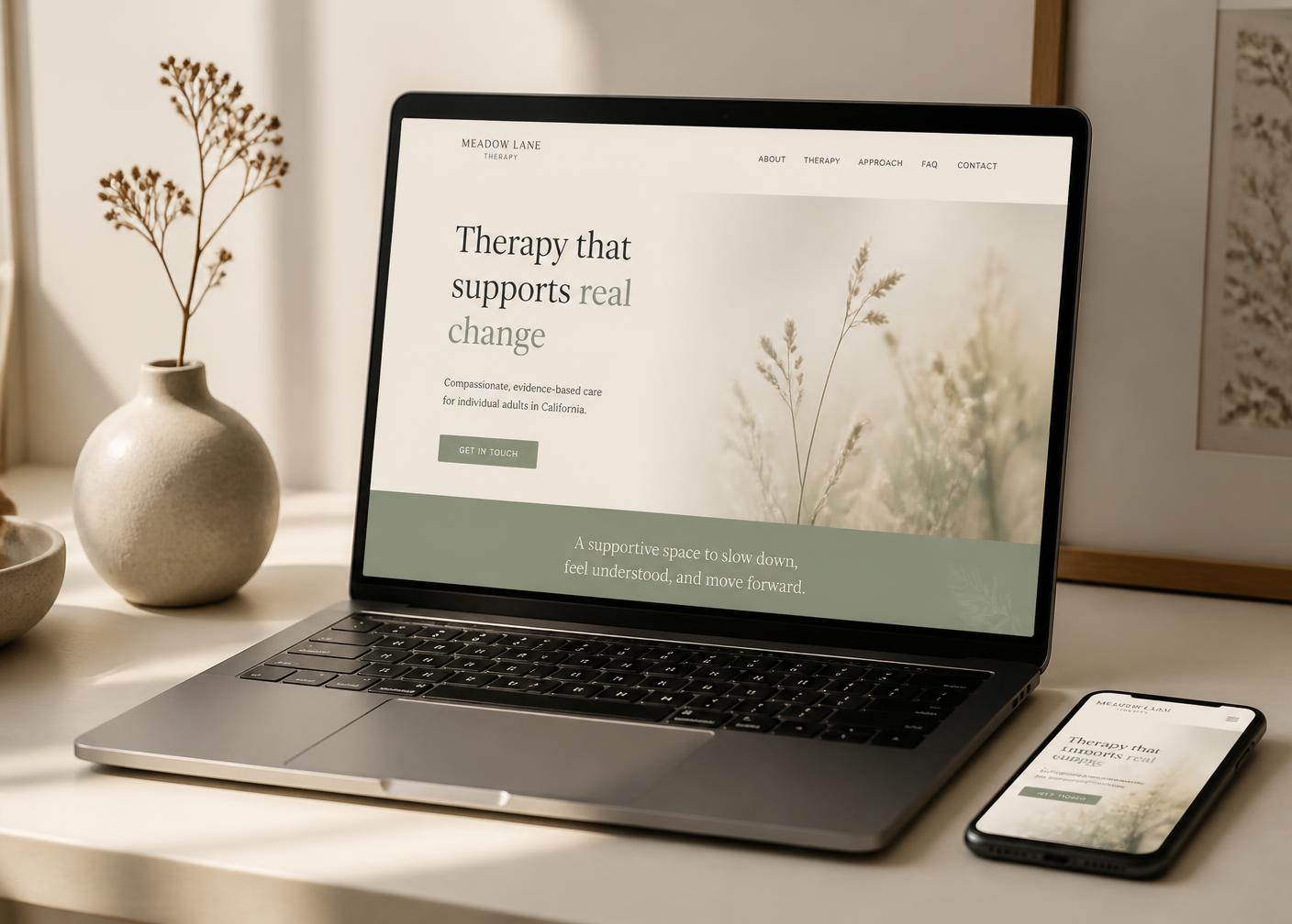 A therapist's website shown on a laptop and phone in a calm, warm workspace